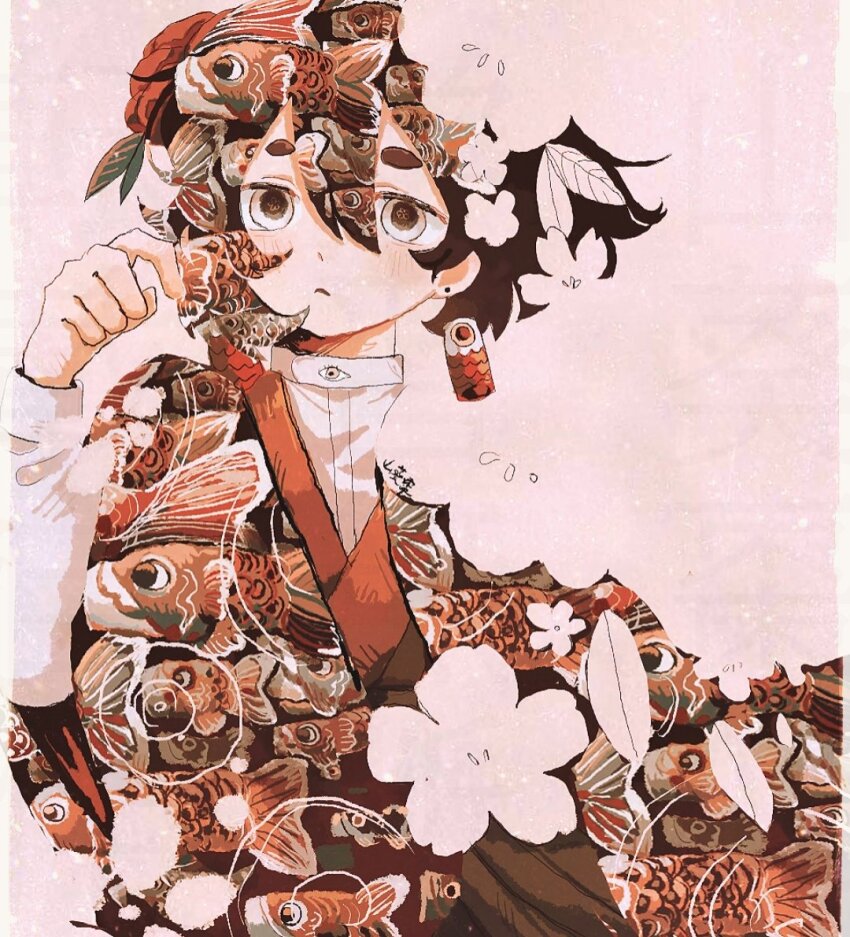1other animal_print blending cherry_blossoms closed_mouth double_exposure earrings fish fish_print floating_earring hair_between_eyes hand_up jacket japanese_clothes jewelry jitome kimono koi leaf light_frown long_sleeves open_clothes open_jacket original other_focus pink_background recurring_image red_kimono shirt short_eyebrows solo too_many too_many_fish upper_body wasabi_natsume white_eyes white_shirt wind