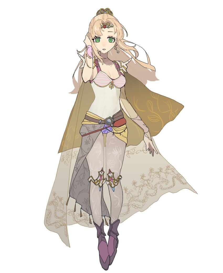 1girl armor blonde_hair boots breasts cape cleavage earrings ff_nami final_fantasy final_fantasy_iv full_body green_eyes grey_pantyhose hair_ornament hand_in_own_hair highres jewelry long_hair looking_at_viewer medium_breasts pantyhose parted_bangs parted_lips ponytail rosa_farrell sash see-through_cape shoulder_armor shoulder_spikes sidelocks solo spikes tiara waist_sash white_background yellow_cape