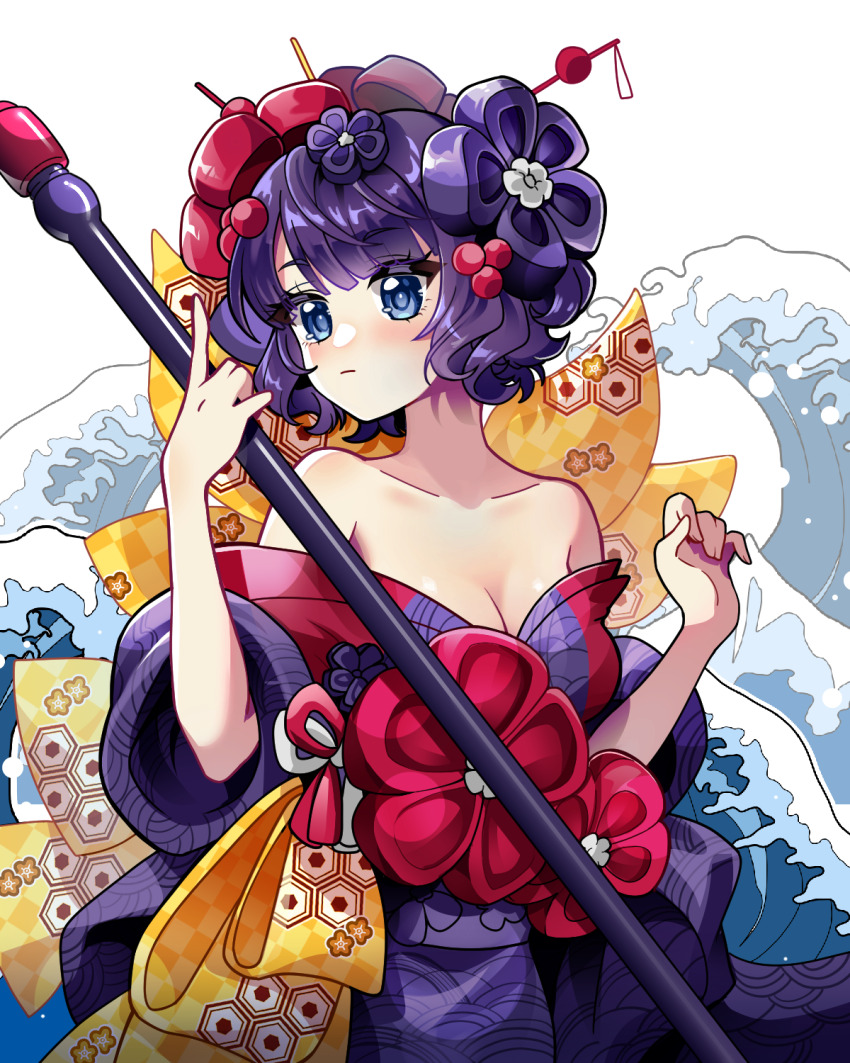 1girl bare_shoulders breasts cleavage collarbone fate/grand_order fate_(series) fine_art_parody flower hair_flower hair_ornament highres holding japanese_clothes kanagawa_okinami_ura katsushika_hokusai_(fate) kimono looking_to_the_side medium_breasts off_shoulder parody purple_hair purple_kimono short_hair solo soraemon upper_body wavy_hair