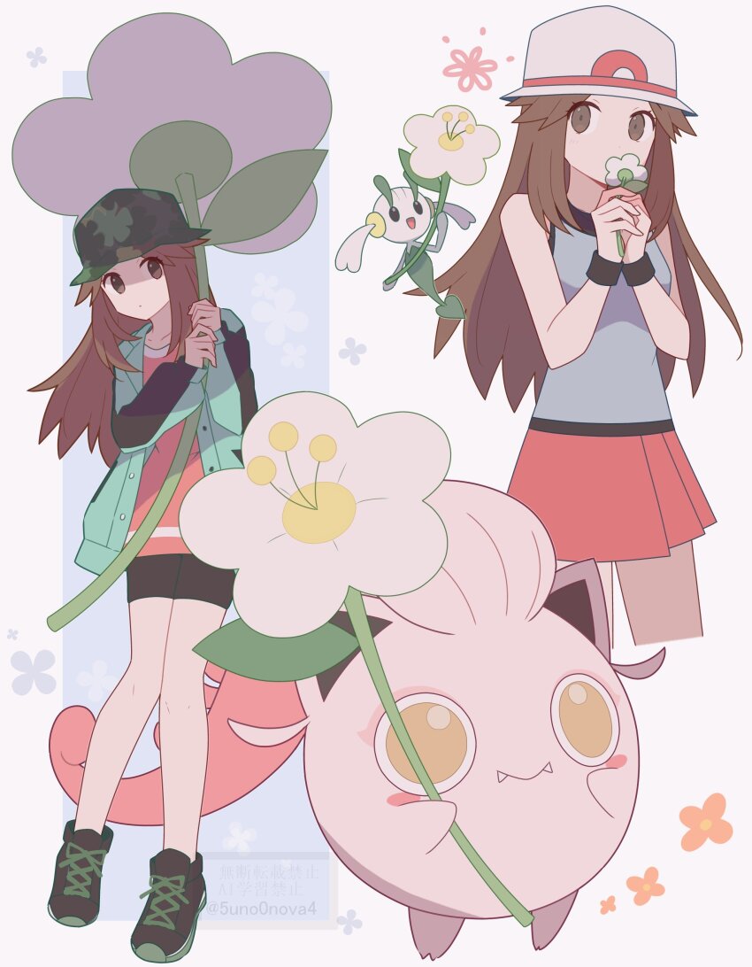 343rone absurdres baseball_cap bike_shorts blue_shirt blush brown_eyes brown_hair camouflage_headwear closed_mouth coat floette floette_(white_flower) gen_6_pokemon green_jacket hat highres holding jacket leaf_(pokemon) leaf_(sygna_suit)_(pokemon) long_hair long_sleeves looking_at_viewer nintendo official_alternate_costume open_clothes open_jacket pink_shirt pokemon pokemon_(creature) pokemon_frlg pokemon_masters_ex red_skirt scream_tail shirt skirt sleeveless sleeveless_shirt white_hat wristband