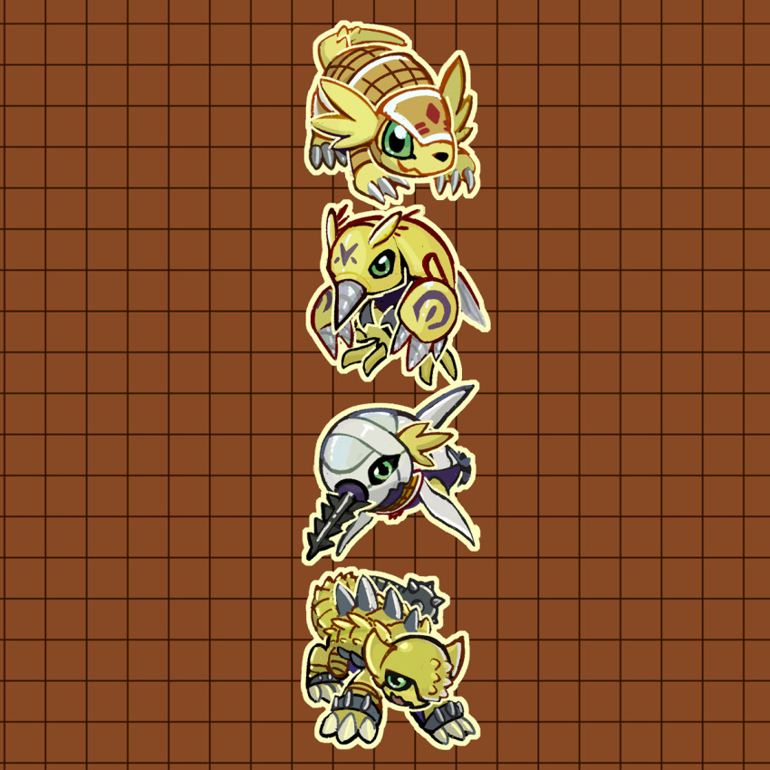 ankylomon armadimon digimon digimon_(creature) digimon_adventure_02 digmon dinosaur drill green_eyes highres horns open_mouth submarimon