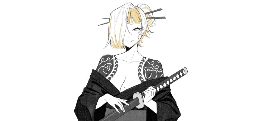 1girl avi_(baltika_seven) blonde_hair blood blood_on_face breasts commentary cosplay english_commentary grin hair_bun highres holding holding_sword holding_weapon irezumi katana kromer_(project_moon) limbus_company looking_at_viewer mole mole_on_breast multicolored_hair off_shoulder project_moon sayo_(project_moon) sayo_(project_moon)_(cosplay) simple_background smile solo spot_color sword tattoo two-tone_hair upper_body weapon white_background white_hair