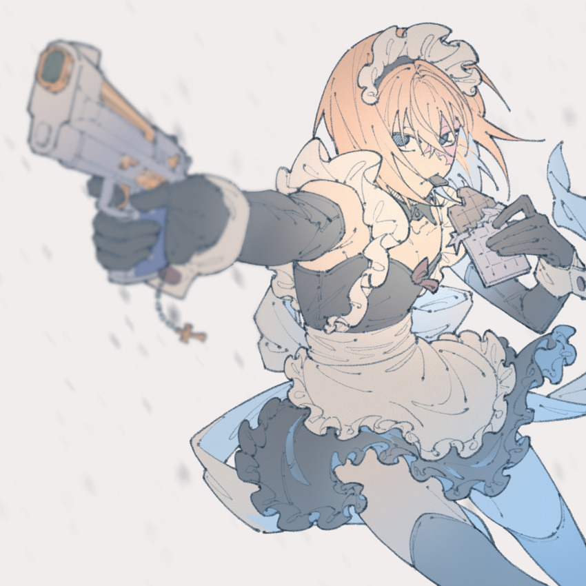 1boy apron back_bow bare_shoulders black_gloves blonde_hair bow burn_scar candy chinese_commentary chocolate chocolate_bar closed_mouth commentary_request death_note dress elbow_gloves feet_out_of_frame food food_in_mouth frilled_dress frills frown gloves grey_background gun hair_between_eyes handgun highres holding holding_candy holding_food holding_gun holding_weapon long_sleeves looking_to_the_side maid_apron maid_headdress male_focus mello_(death_note) outstretched_arm over-kneehighs randyng scar scar_on_face sideways_glance simple_background solo thighhighs trap weapon white_apron wrist_cuffs