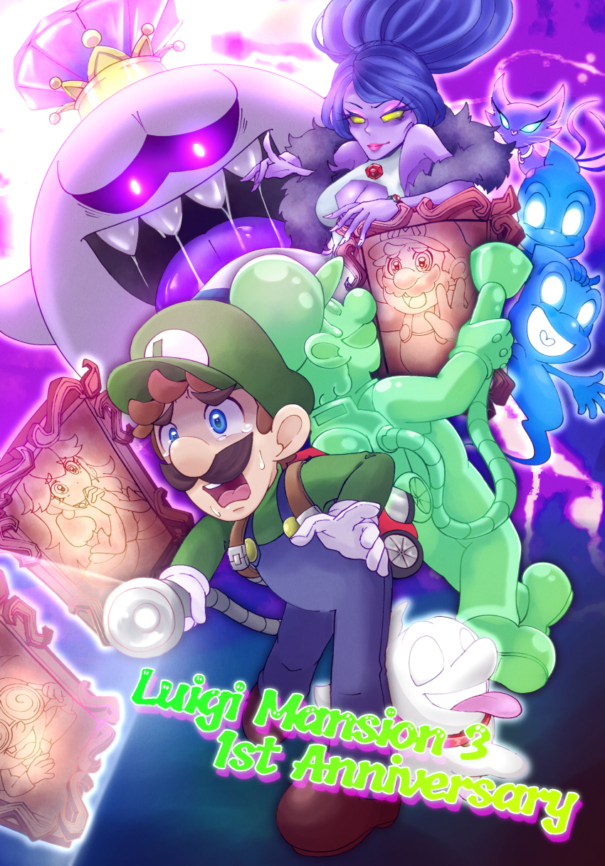 3girls 4boys boo_(mario) brown_hair crown dress facial_hair ghost gloves glowing goob_(luigi&#039;s_mansion) gooigi hellen_gravely highres king_boo long_sleeves luigi luigi&#039;s_mansion luigi&#039;s_mansion_3 mario mario_(series) multiple_boys multiple_girls mustache nintendo open_mouth painting_(object) polterkitty polterpup princess_peach professor_elvin_gadd shirt short_hair smile szmbt_games teeth tongue tongue_out white_gloves