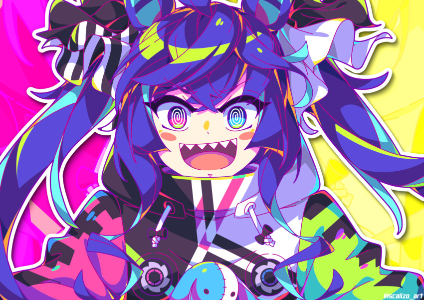 1girl @_@ ahoge animal_ears blue_eyes blue_hair blush_stickers crossed_bangs heterochromia highres hood hoodie horse_ears long_hair long_sleeves looking_at_viewer open_mouth pink_eyes scalizo sharp_teeth smile solo stuffed_animal stuffed_rabbit stuffed_toy teeth twin_turbo_(umamusume) twintails twitter_username two-tone_background umamusume upper_body upper_teeth_only v-shaped_eyebrows