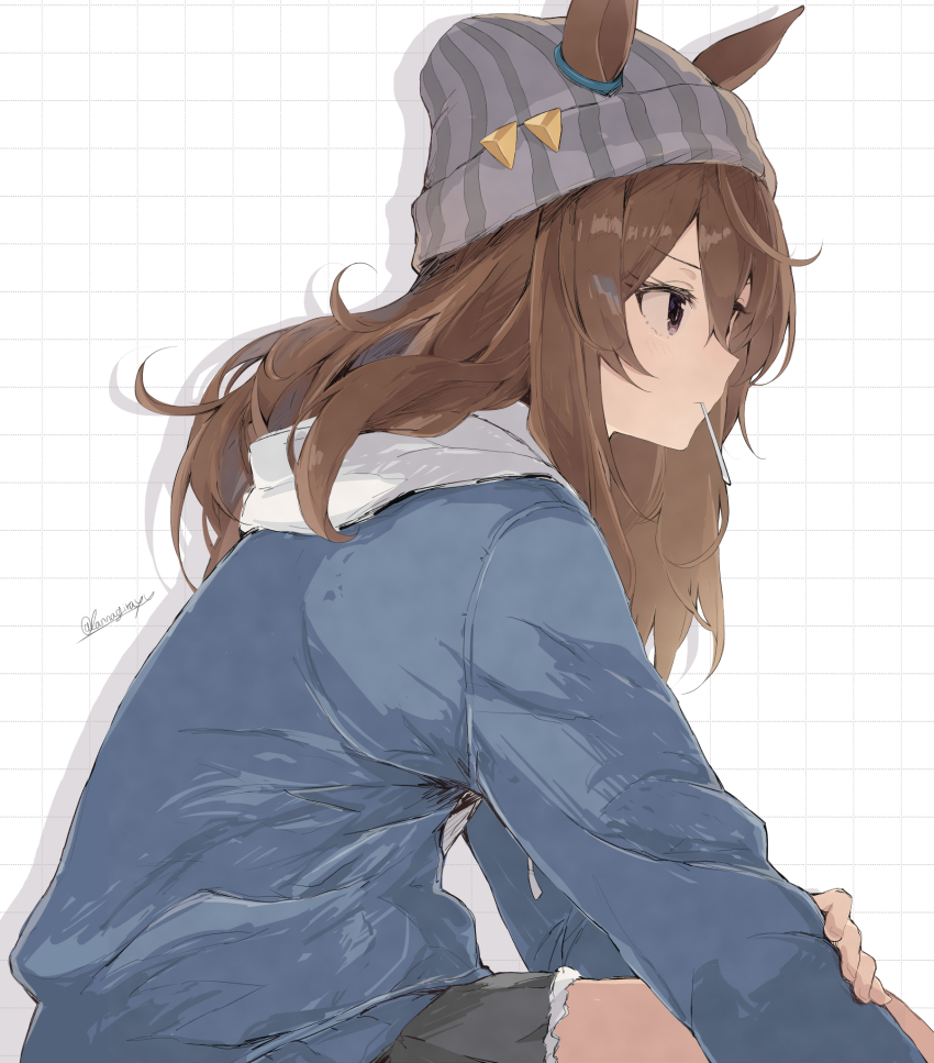 1girl animal_ears beanie blue_jacket brown_eyes closed_mouth ears_through_headwear grey_hat hat highres horse_ears horse_girl jacket kannagiray long_sleeves medium_hair mouth_hold nakayama_festa_(umamusume) purple_eyes solo umamusume white_background