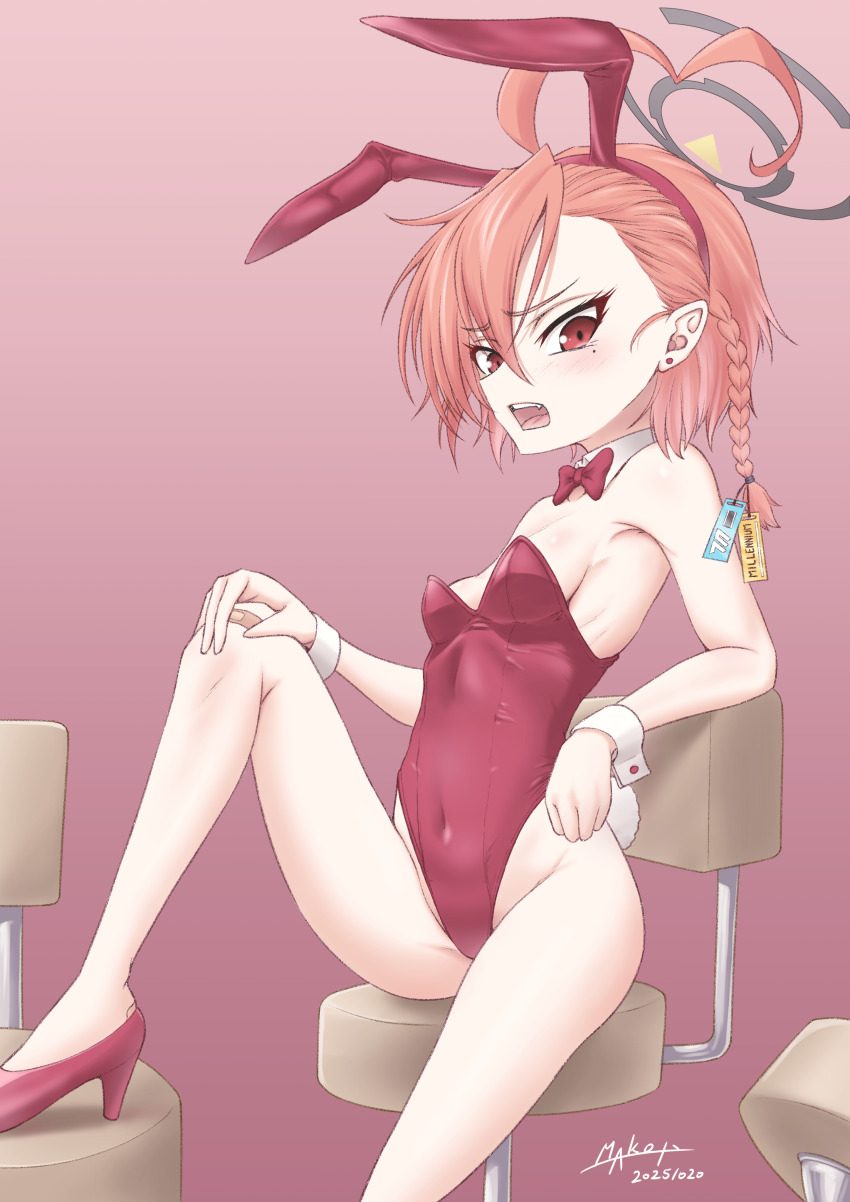 1girl absurdres ahoge animal_ear_hairband animal_ears asymmetrical_hair bare_legs blue_archive bow bowtie braid breasts covered_navel detached_collar fake_animal_ears hairband high_heels highleg highleg_leotard highres huge_ahoge leotard maco_tie mole mole_under_each_eye mole_under_eye multiple_moles neru_(blue_archive) neru_(bunny)_(blue_archive) orange_hair playboy_bunny rabbit_ears rabbit_tail red_bow red_bowtie red_eyes red_leotard red_shoes shoes short_hair single_braid small_breasts solo stool strapless strapless_leotard tag tail wrist_cuffs