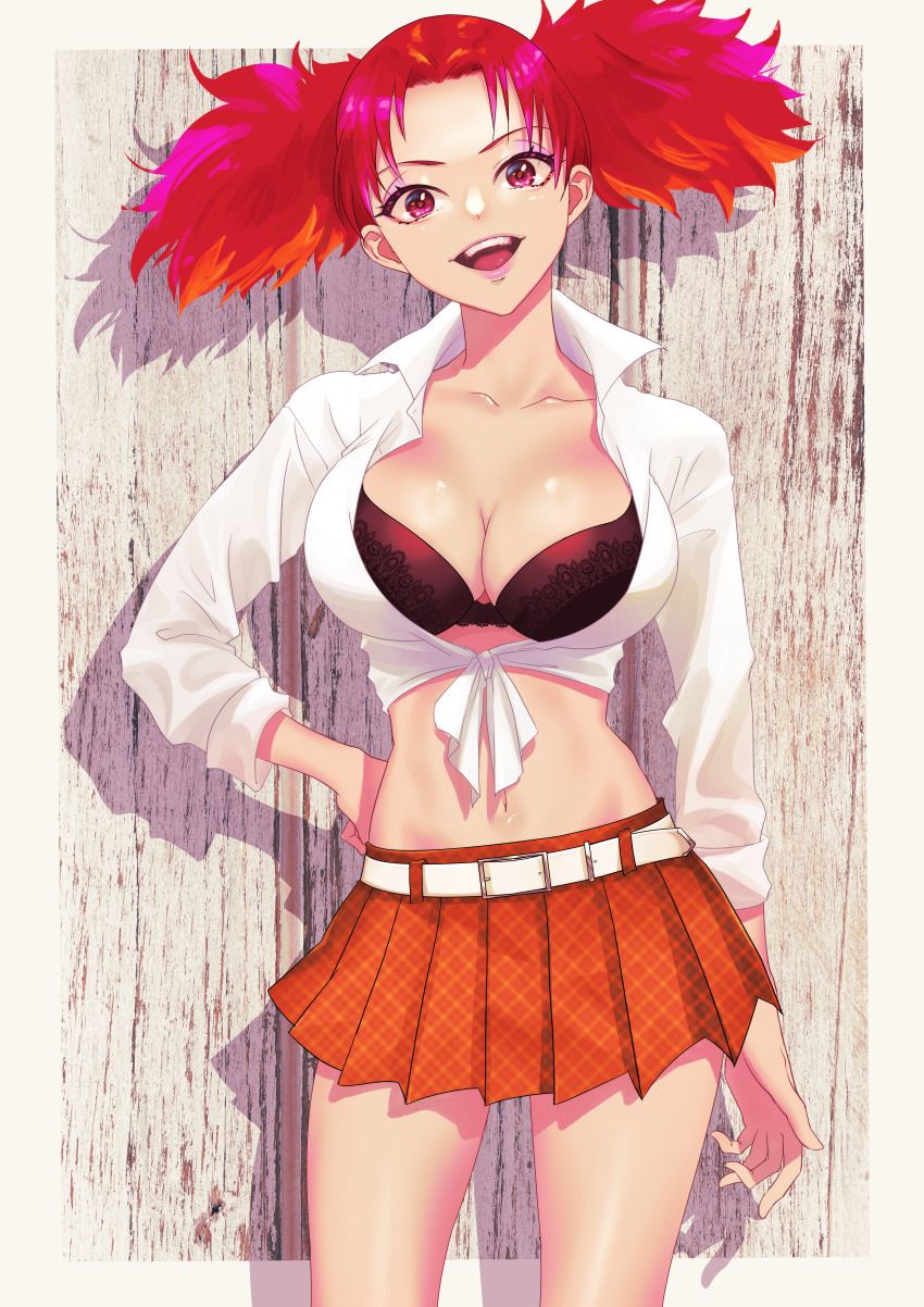 1girl absurdres amesuku_gyaru belt bra breasts cleavage commission gyaru highres kogal large_breasts long_hair looking_at_viewer mega_man_(series) mega_man_battle_network_(series) mega_man_battle_network_1 midriff ms._madd_(mega_man) navel open_mouth pixiv_commission pleated_skirt red_eyes red_hair shirt skirt smile solo tied_shirt twintails underwear vuipui white_shirt