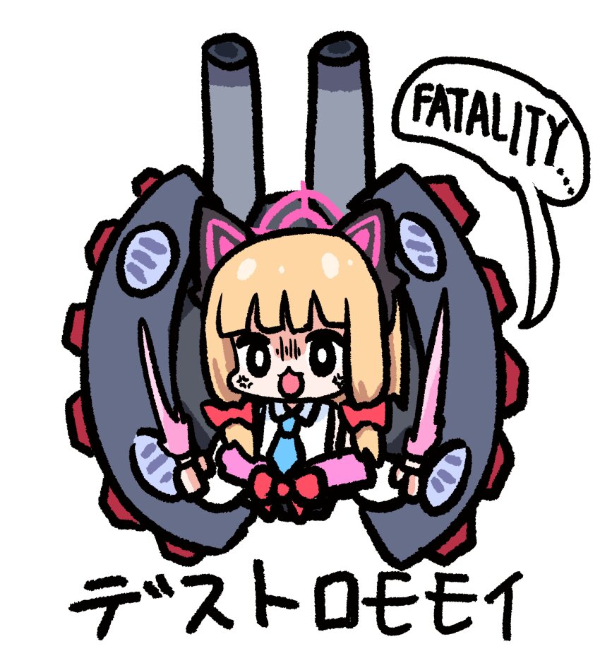 1girl absurdres anger_vein animal_ear_headphones animal_ears blonde_hair blue_archive cannon chibi death_momoi_(meme) destroy_gundam energy_sword english_text fake_animal_ears gundam gundam_seed gundam_seed_destiny halo headphones highres holding holding_sword holding_weapon meme momoi_(blue_archive) necktie panatisia pink_halo red_ribbon ribbon solo sword weapon