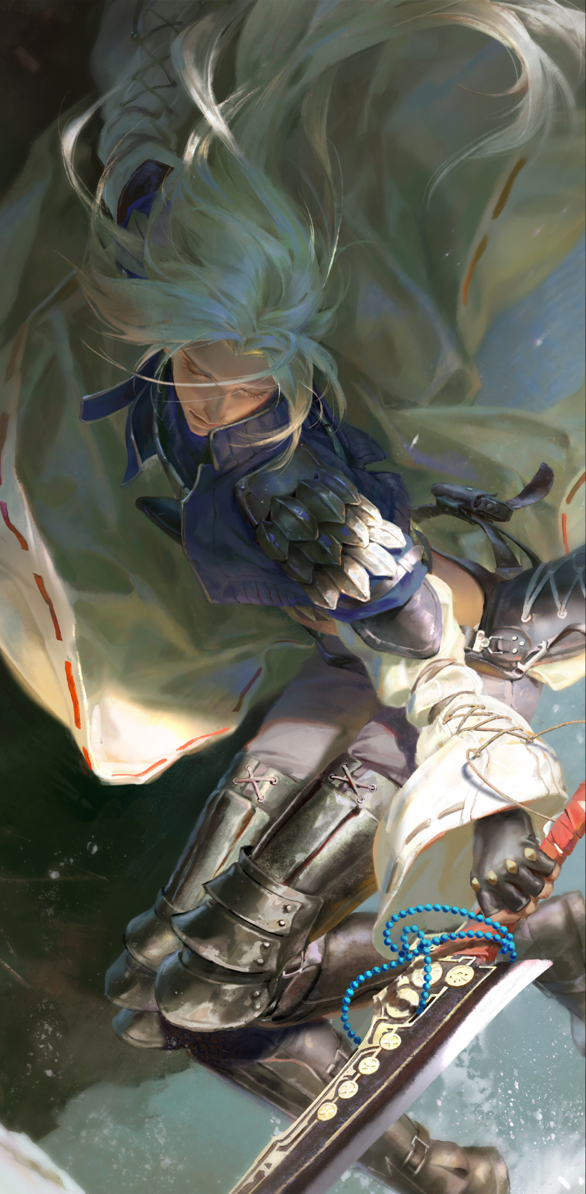 1boy absurdres armor armored_boots boots closed_eyes cosplay cropped_jacket final_fantasy final_fantasy_ix final_fantasy_vii final_fantasy_vii_ever_crisis grey_hair grey_pants highres holding holding_sword holding_weapon jacket kuja kuja_(cosplay) long_hair luluzhang998873 male_focus official_alternate_costume pants parted_bangs purple_jacket sephiroth sephiroth_(ever_crisis) sephiroth_(kuja&#039;s_attire) shoulder_armor solo sword thigh_boots weapon