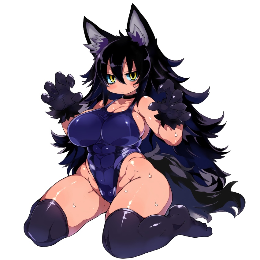 1girl abs animal_ear_fluff animal_ears animal_hands armpits black_choker black_hair black_thighhighs blue_one-piece_swimsuit blush blush_stickers breasts choker cleavage closed_mouth commission full_body groin hair_between_eyes highres large_breasts long_hair looking_at_viewer one-piece_swimsuit original paw_pose simple_background sitting solo sweat swimsuit tail thighhighs toned toned_female tsukinoha_mio very_long_hair wariza white_background wolf_ears wolf_tail yellow_eyes
