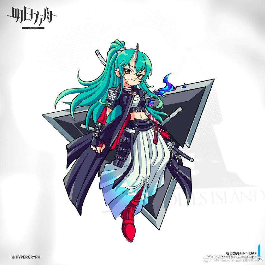 1girl arknights black_coat chinese_commentary closed_mouth coat company_name copyright_logo copyright_name copyright_notice deformed eyeliner full_body green_hair grey_background hannya_(arknights) high_ponytail horns hoshiguma_(arknights) hoshiguma_the_breacher_(arknights) japanese_clothes leather leather_coat logo long_coat long_hair looking_at_viewer makeup official_art ponytail red_eyeliner rhodes_island_logo_(arknights) shield shijie_ziyou_xiaogui simple_background single_horn smile solo tachi-e very_long_hair watermark weibo_watermark