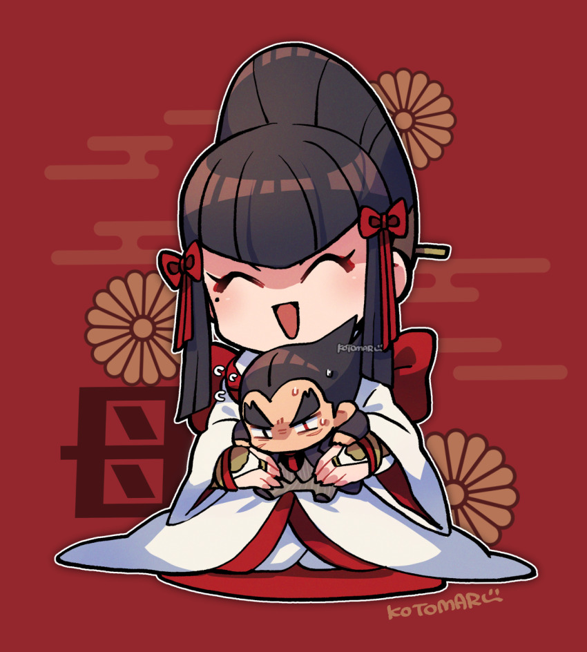 1boy 1girl black_coat blunt_bangs bow bridal_gauntlets coat egasumi eyeliner flower grey_jacket grey_pants highres jacket japanese_clothes kimono kneeling kotorai long_hair makeup mini_person miniboy mishima_kazumi_(tekken) mishima_kazuya necktie no_nose open_mouth pants red_bow red_eyeliner red_necktie signature tekken thick_eyebrows uchikake