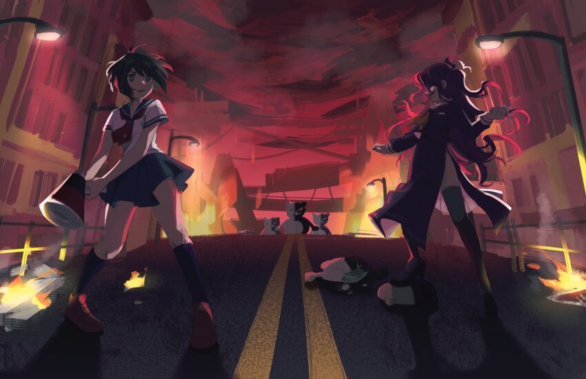 2girls ahoge blue_sailor_collar blue_skirt bright_pupils building city cloud cloudy_sky commentary danganronpa_(series) danganronpa_another_episode:_ultra_despair_girls english_commentary fence fire fukawa_toko full_body genocider_shou high_heels highres holding holding_scissors karu_(8komori) kneehighs lamppost long_hair long_skirt long_sleeves long_tongue monokuma multiple_girls naegi_komaru neckerchief open_mouth purple_hair red_neckerchief road sailor_collar scissors shadow shirt shoes short_hair short_sleeves skirt sky socks standing street thighhighs tongue tongue_out white_pupils white_shirt