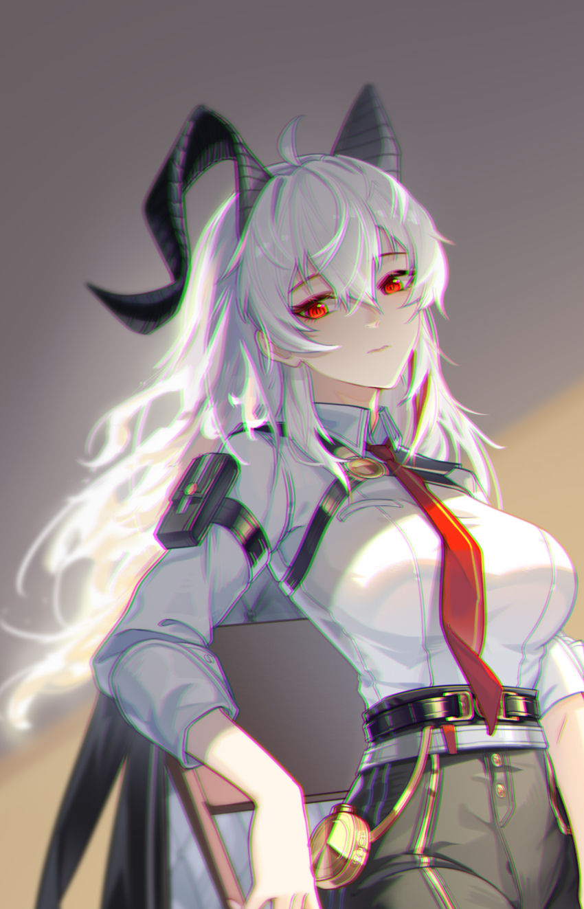 1girl absurdres arm_pouch black_horns black_jacket black_pants black_pouch breasts chest_harness chinese_commentary chromatic_aberration closed_mouth collared_shirt commentary_request curled_horns grey_hair hair_between_eyes harness heavy_chromatic_aberration highres horns jacket jacket_on_shoulders large_breasts long_hair multicolored_hair necktie on_chair pants red_eyes red_necktie shirt shirt_tucked_in sitting solo streaked_hair white_shirt wuthering_waves zani_(wuthering_waves) zuiai_gongzhu_dianxia