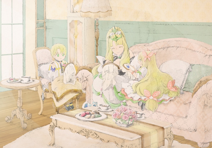 1boy 2girls aged_down alfred_(fire_emblem) black_shoes blonde_hair butterfly_hair_ornament celine_(fire_emblem) chair clock closed_eyes closed_mouth commentary_request couch cup dress eve_(fire_emblem_engage) family fire_emblem fire_emblem_engage flower food full_body grandfather_clock green_eyes hair_ornament highres indoors knitting long_hair long_sleeves multiple_girls nintendo on_chair on_couch open_mouth plate ponytail shirt shoes short_hair short_sleeves sitting smile table teacup toki_(xxxxxmoe1983oct) very_long_hair white_dress white_shirt