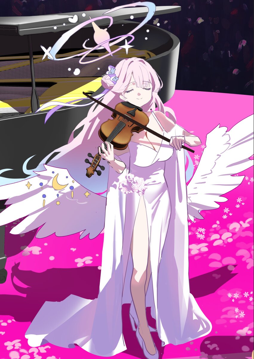 1girl absurdres alternate_costume angel_wings blue_archive feathered_wings gradient_halo hair_bun halo highres instrument low_wings mika_(blue_archive) multicolored_halo music piano pink_halo playing_instrument single_side_bun solo violin white_wings wing_ornament wings ziki_(gkdlfnzo1245)