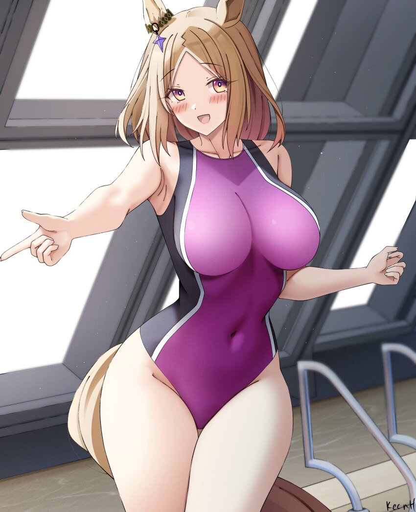 1girl :d animal_ears bare_arms black_one-piece_swimsuit blush breasts brown_eyes brown_hair collarbone commentary commission competition_swimsuit covered_navel english_commentary highres horse_ears horse_girl horse_tail impossible_clothes impossible_swimsuit indoors keenh looking_at_viewer medium_breasts medium_hair narita_top_road_(umamusume) one-piece_swimsuit open_mouth parted_bangs pool_ladder purple_one-piece_swimsuit rei_no_pool sidelocks smile solo standing swimsuit tail two-tone_one-piece_swimsuit umamusume window