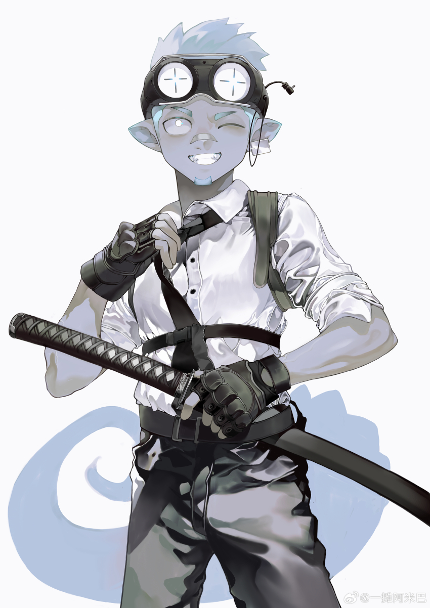 1boy absurdres arknights bandaid bandaid_on_face bandaid_on_nose black_gloves black_necktie black_pants blue_hair chameleon_boy chameleon_tail chinese_commentary commentary_request ethan_(arknights) facial_hair fingerless_gloves gloves goatee goggles goggles_on_head grin highres holding holding_sheath holding_sword holding_weapon katana looking_at_viewer male_focus necktie one_eye_closed pants pointy_ears sheath sheathed shirt sleeves_rolled_up smile sword tail watermark weapon weibo_watermark white_background white_shirt yi_tan_a_mi_ba