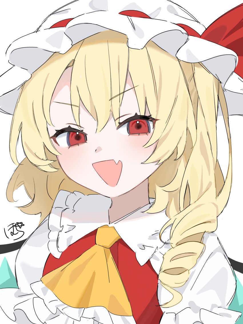 1girl :d absurdres ascot blonde_hair collared_shirt commentary_request crystal_wings double-parted_bangs drill_hair eyelashes fang flandre_scarlet frilled_ascot frilled_shirt_collar frilled_sleeves frills hat hat_ribbon highres homura_(homura_me) light_blush looking_at_viewer medium_hair mob_cap open_mouth puffy_short_sleeves puffy_sleeves red_eyes red_ribbon red_vest ribbon shirt short_sleeves side_drill signature skin_fang smile solo touhou upper_body v-shaped_eyebrows vest white_background white_hat white_shirt yellow_ascot