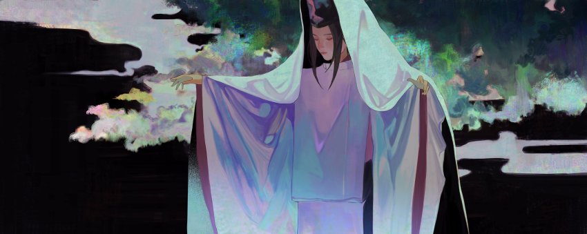 1boy absurdres black_background black_hair black_hat cloak cloud cowboy_shot fujiwara_no_sai hat hat_under_hood highres hikaru_no_go hood hood_up japanese_clothes kariginu long_hair long_sleeves male_focus outstretched_arms solo tairou tate_eboshi wide_sleeves