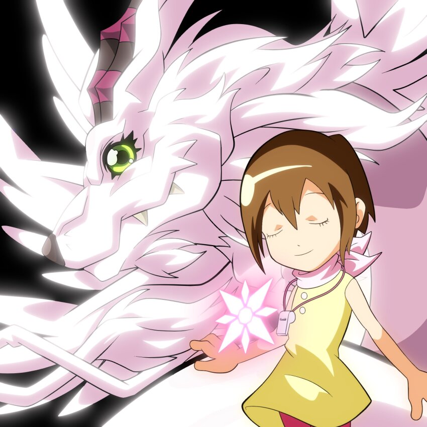 1girl crests_(digimon) digimon digimon_(creature) digimon_adventure dragon green_eyes highres holydramon horns officialseraphimon yagami_hikari