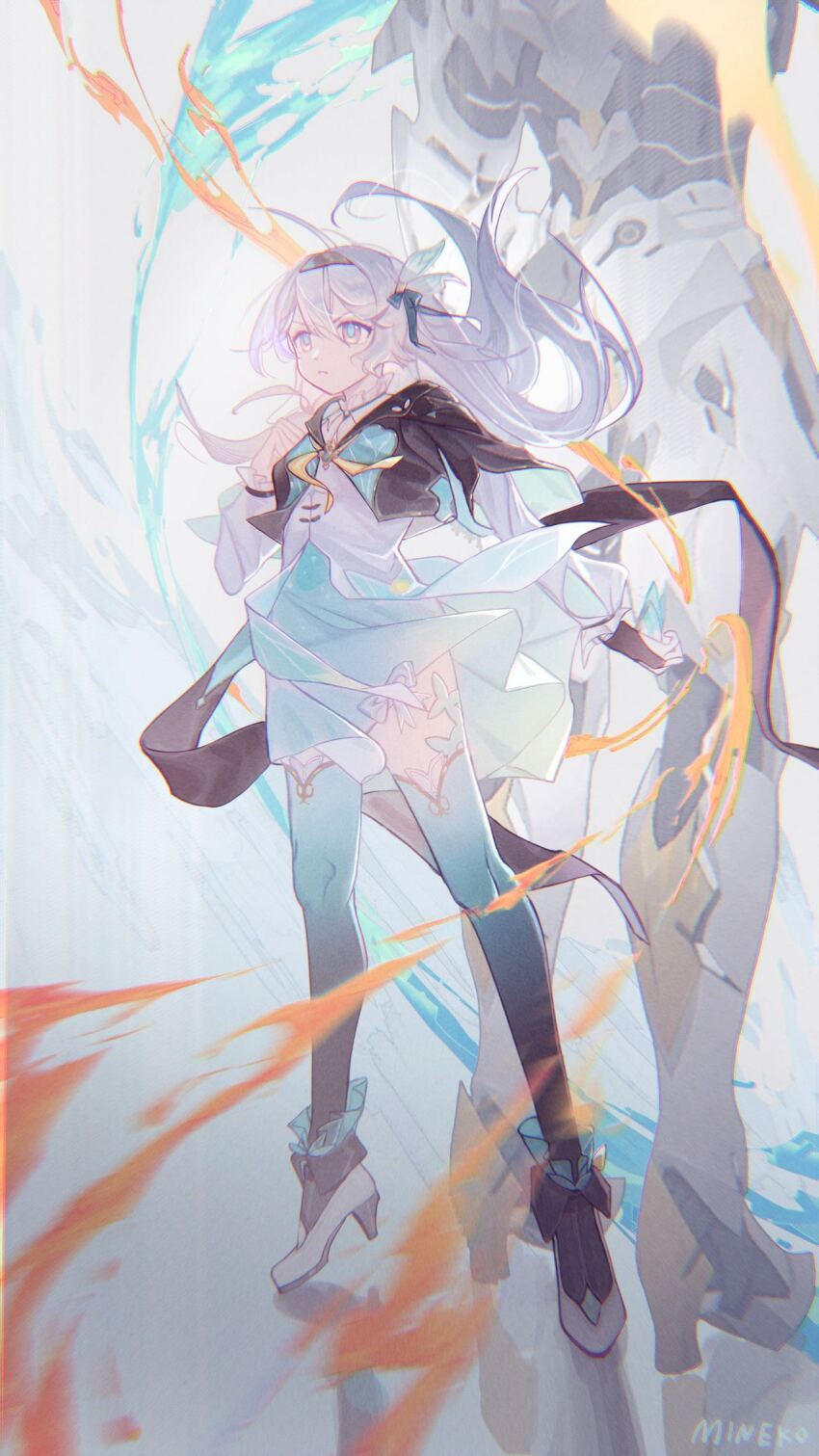 1girl aqua_skirt aqua_thighhighs black_jacket black_thighhighs closed_mouth cropped_jacket firefly_(honkai:_star_rail) floating_hair full_body grey_hair hair_between_eyes hair_ornament hairband highres honkai:_star_rail honkai_(series) jacket long_hair long_sleeves looking_to_the_side multicolored_eyes sam_(honkai:_star_rail) shirt skirt standing thighhighs white_footwear white_shirt wusubamineko