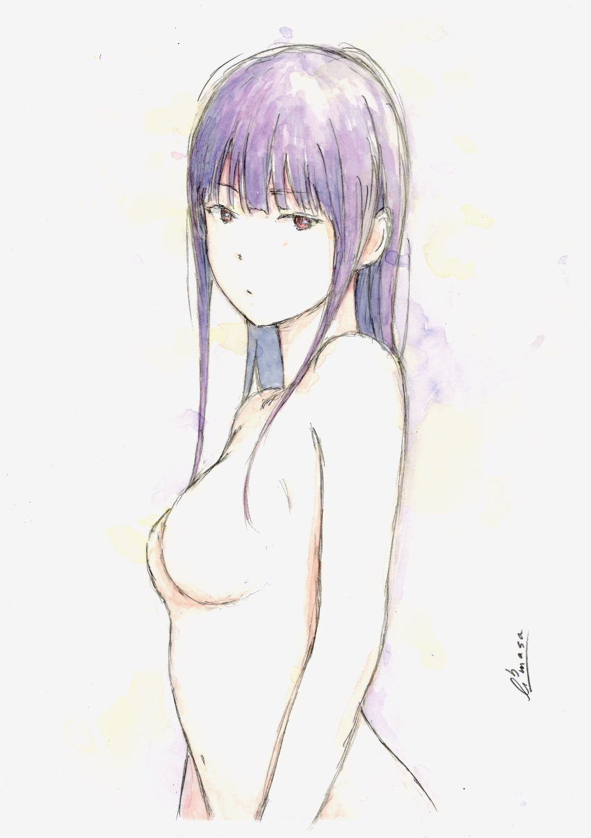 1girl absurdres bbmasa blunt_bangs breasts closed_mouth commentary hibike!_euphonium highres liz_to_aoi_tori long_hair looking_at_viewer medium_breasts no_nipples nude purple_hair red_eyes signature solo traditional_media upper_body yoroizuka_mizore