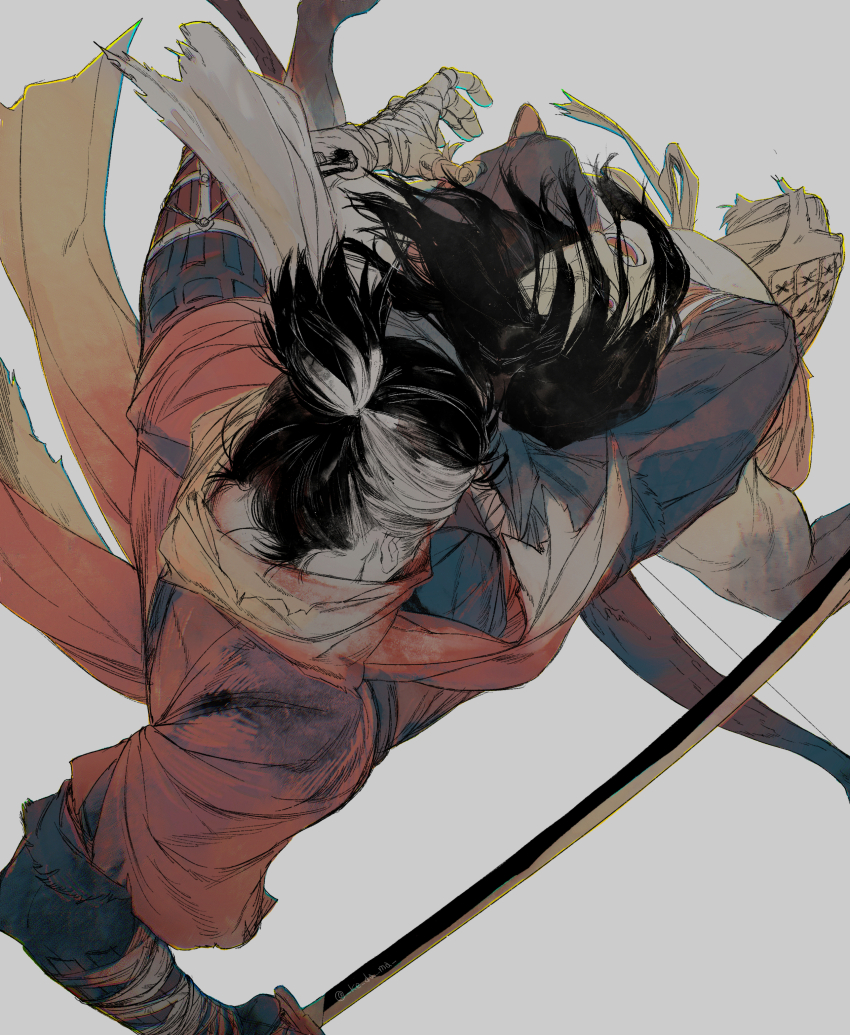 2boys absurdres ashina_genichirou bandaged_arm bandages black_hair blue_pants from_above from_behind grey_background highres holding holding_sword holding_weapon japanese_clothes katana male_focus multiple_boys open_mouth pants piyomotsu prosthesis prosthetic_arm red_shirt sekiro sekiro:_shadows_die_twice shirt short_hair simple_background sword teeth weapon