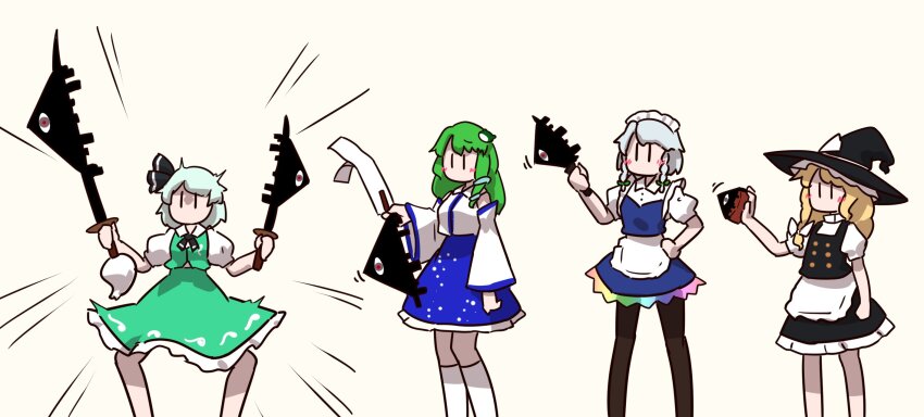 4girls apron black_leggings black_skirt black_vest blonde_hair blue_shirt blue_skirt blush bow braid buttons collar commentary detached_sleeves dual_wielding fossilized_wonders frilled_skirt frilled_sleeves frills frog_hair_ornament gohei green_hair green_skirt green_vest grey_hair hair_bow hair_ornament hair_ribbon hat highres holding holding_knife izayoi_sakuya katana kirisame_marisa knife kochiya_sanae konpaku_youmu leggings long_hair maid_apron maid_headdress mini-hakkero multiple_girls rainbow_skirt ribbon shirt short_hair short_sleeves single_braid skirt snake_hair_ornament socks sword touhou vest weapon white_shirt white_socks wide_sleeves witch_hat zakozako_y