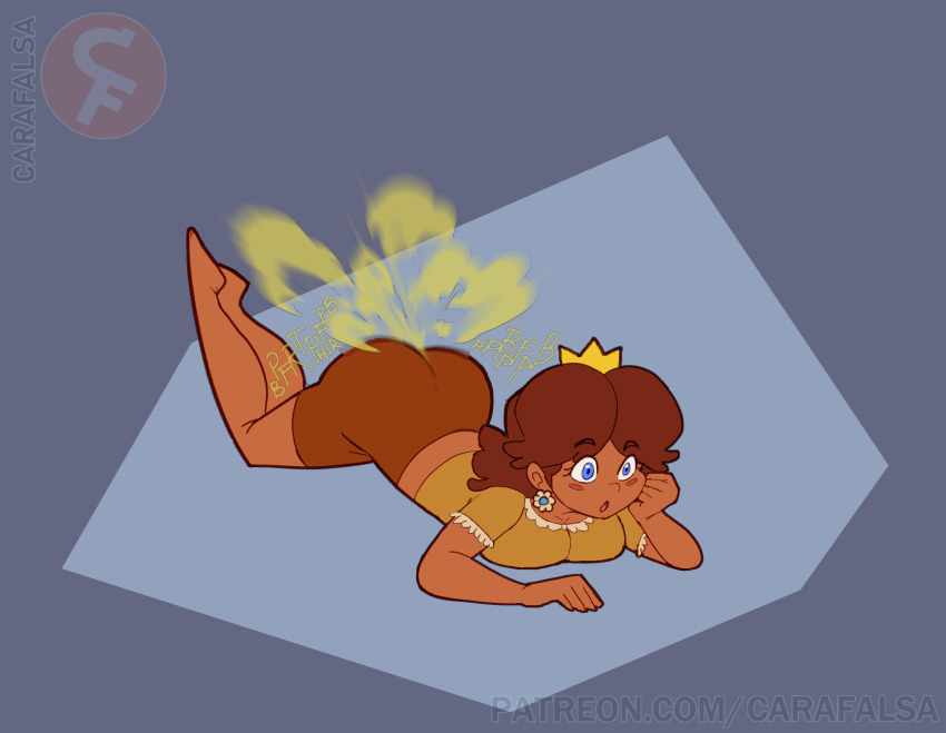 1girl absurdres ass barefoot blue_eyes breasts brown_hair carafalsa crown dress earrings fart feet female female_focus flower_earrings highres huge_ass jewelry large_breasts legs long_hair lying mario_(series) medium_hair mini_crown nintendo on_stomach princess_daisy shirt short_sleeves shorts solo thighhighs thighs