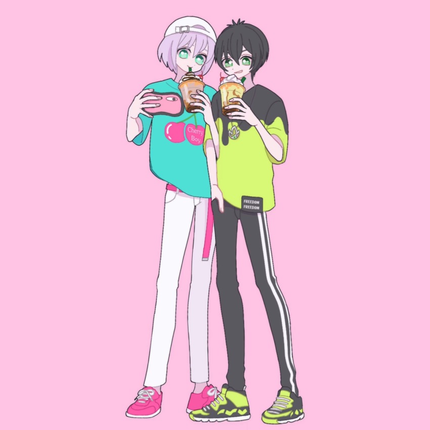 2boys backwards_hat baseball_cap black_hair black_pants blue_eyes blue_shirt commentary_request cup disposable_cup drinking drinking_straw drinking_straw_in_mouth full_body green_eyes green_shirt hair_between_eyes hand_in_pocket hand_up hat highres holding holding_cup holding_phone king_of_prism kougami_taiga looking_at_viewer male_focus multiple_boys nyaasechan okachimachi_tsurugi pants phone pink_background pink_shoes pretty_rhythm pretty_series purple_hair shirt shoes short_hair short_sleeves simple_background smile sneakers standing taking_picture white_pants