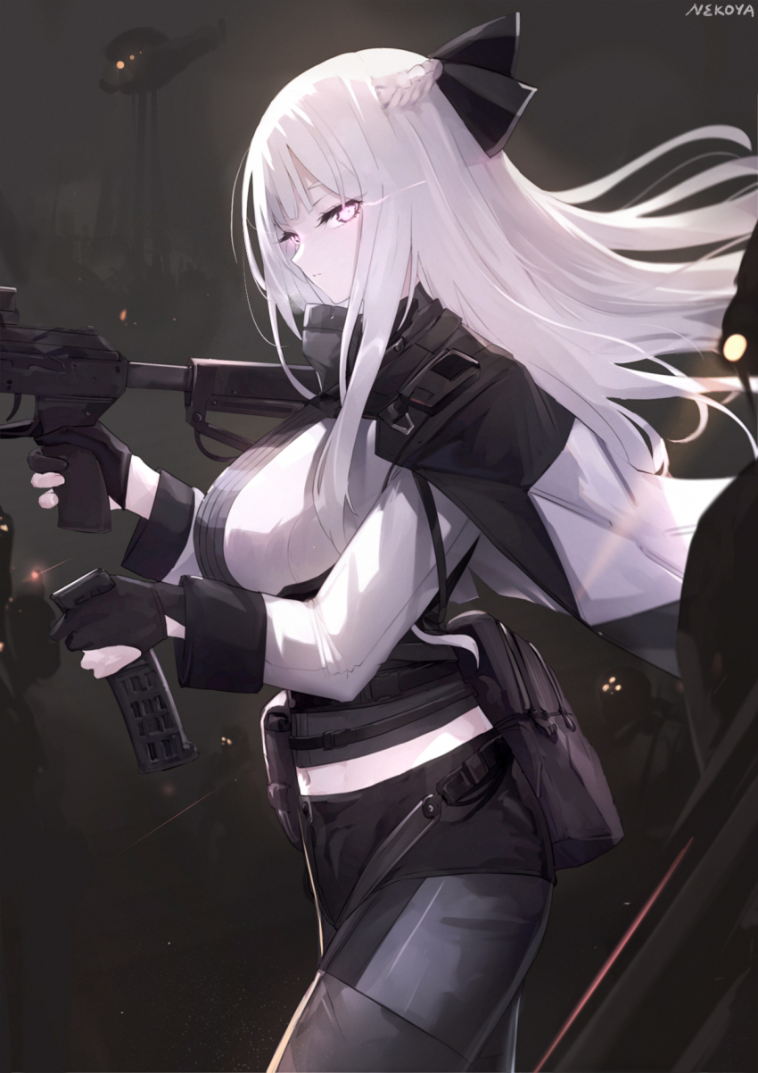 1girl ak-12 ak-12_(girls&#039;_frontline) assault_rifle black_gloves black_pantyhose black_ribbon black_shorts braid breasts closed_mouth commentary_request commission floating_hair girls&#039;_frontline gloves gun hair_ribbon highres holding holding_gun holding_weapon kalashnikov_rifle long_hair long_sleeves looking_at_viewer medium_breasts midriff name_connection navel nekoya_(liu) object_namesake pantyhose pantyhose_under_shorts partially_fingerless_gloves ribbon rifle shirt shorts signature solo very_long_hair weapon white_hair white_shirt