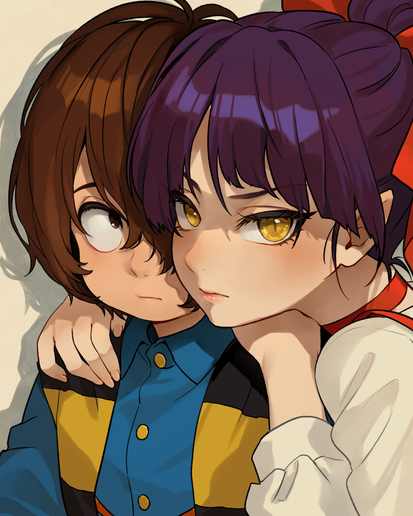 1boy 1girl bow brown_eyes brown_hair close-up commentary_request expressionless gegege_no_kitarou hair_bow hair_over_one_eye hands_on_another&#039;s_shoulders highres kitarou looking_at_viewer nekomusume nekomusume_(gegege_no_kitarou_6) purple_hair short_hair silanduqiaocui upper_body yellow_eyes