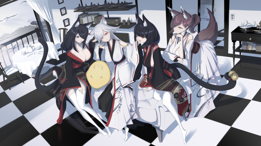 4girls aircraft airplane animal_ear_fluff animal_ears azur_lane bell black_hair black_kimono black_sash black_tail blue_hair bookshelf breasts brown_hair cat_ears cat_girl cat_tail chair cleavage commentary_request floatplane full_body fusou_(azur_lane) fusou_(battleship) hair_over_one_eye highres hyuuga_(azur_lane) hyuuga_(battleship) indoors ise_(azur_lane) ise_(battleship) japanese_clothes kimono large_breasts leaning_forward long_sleeves manjuu_(azur_lane) medium_hair model_airplane model_ship multiple_girls orange_eyes red_sash round_table ryosuke1225 sash seaplane siblings sideboob sisters table tail tail_bell tail_ornament thighhighs tile_floor tiles white_kimono white_thighhighs wide_sleeves yamashiro_(azur_lane) yamashiro_(battleship)