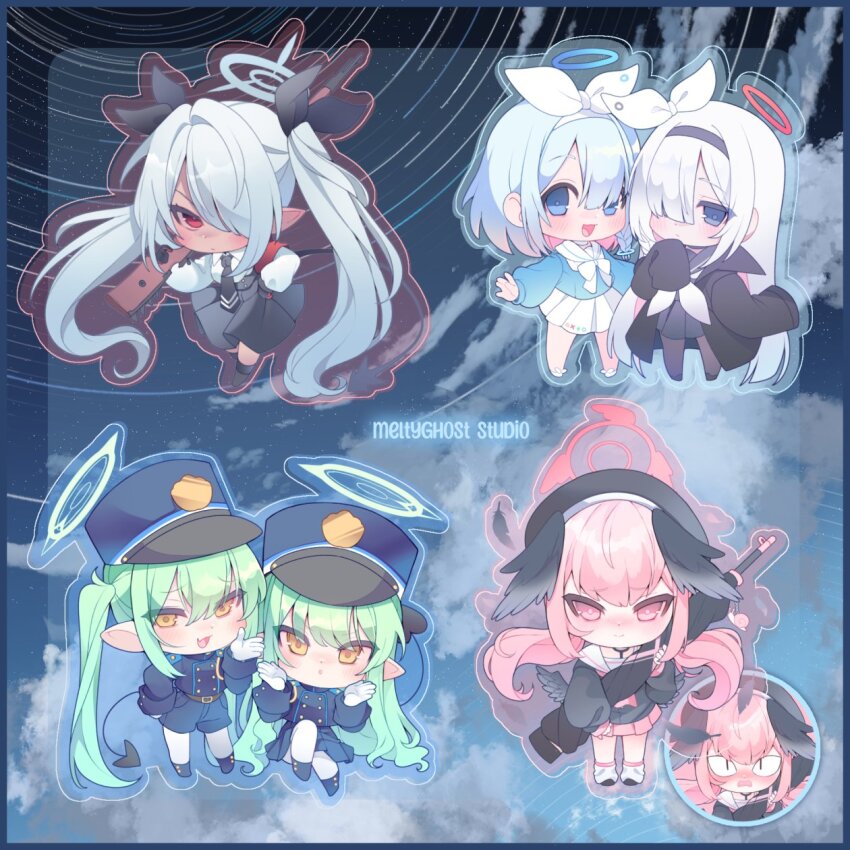 6+girls arona_(blue_archive) blue_archive blue_hair blue_skirt blush bob_cut bow bowtie chibi chibi_only commentary ecchibeef english_commentary full_body green_hair gun hair_over_one_eye hair_ribbon halo hand_on_own_hip hat head_wings highres hikari_(blue_archive) holding holding_gun holding_weapon iori_(blue_archive) koharu_(blue_archive) long_hair looking_at_viewer merchandise_available multiple_girls necktie nozomi_(blue_archive) pink_eyes pink_hair plana_(blue_archive) pointy_ears ribbon school_uniform serafuku short_hair skirt train_conductor twintails very_long_hair weapon white_bow white_bowtie white_hair white_ribbon white_skirt wings yellow_eyes