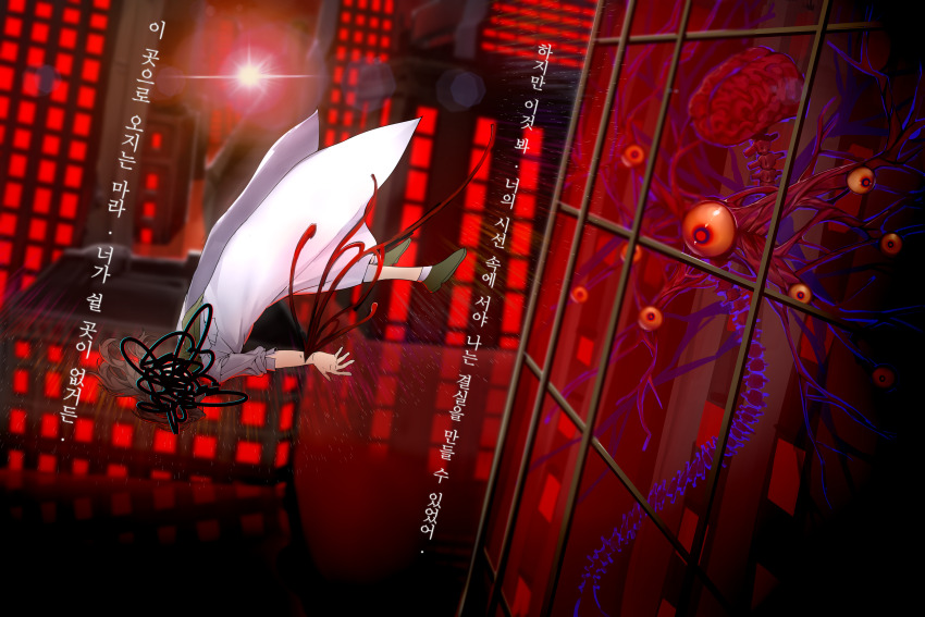 1girl absurdres brown_hair brown_shoes carmen_(project_moon) censored censored_identity city cityscape coat falling highres korean_text lab_coat lapels library_of_ruina lobotomy_corporation long_hair long_sleeves lubban notched_lapels ponytail project_moon red_theme scribble_censor self-harm shoes solo suicide the_burrowing_heaven translation_request white_coat window