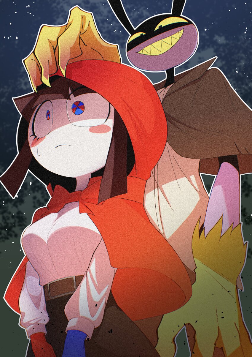 1boy 1girl absurdres alternate_costume asymmetrical_gloves belt big_bad_wolf big_bad_wolf_(cosplay) black_skirt blue_eyes blue_gloves blush_stickers bow breasts brown_cloak brown_hair clawed_hands cloak colored_sclera colored_skin commentary_request cosplay debris evil_smile frown gloves highres jax_(the_amazing_digital_circus) little_red_riding_hood little_red_riding_hood_(grimm) little_red_riding_hood_(grimm)_(cosplay) looking_at_another looking_to_the_side matatabi_tukikage medium_breasts medium_hair mismatched_gloves mixed-language_commentary multicolored_eyes night night_sky outdoors pomni_(the_amazing_digital_circus) purple_fur red_bow red_eyes red_gloves red_hood sharp_teeth shirt skirt sky smile star_(sky) sweatdrop teeth the_amazing_digital_circus two-tone_eyes white_shirt white_skin yellow_fur yellow_sclera