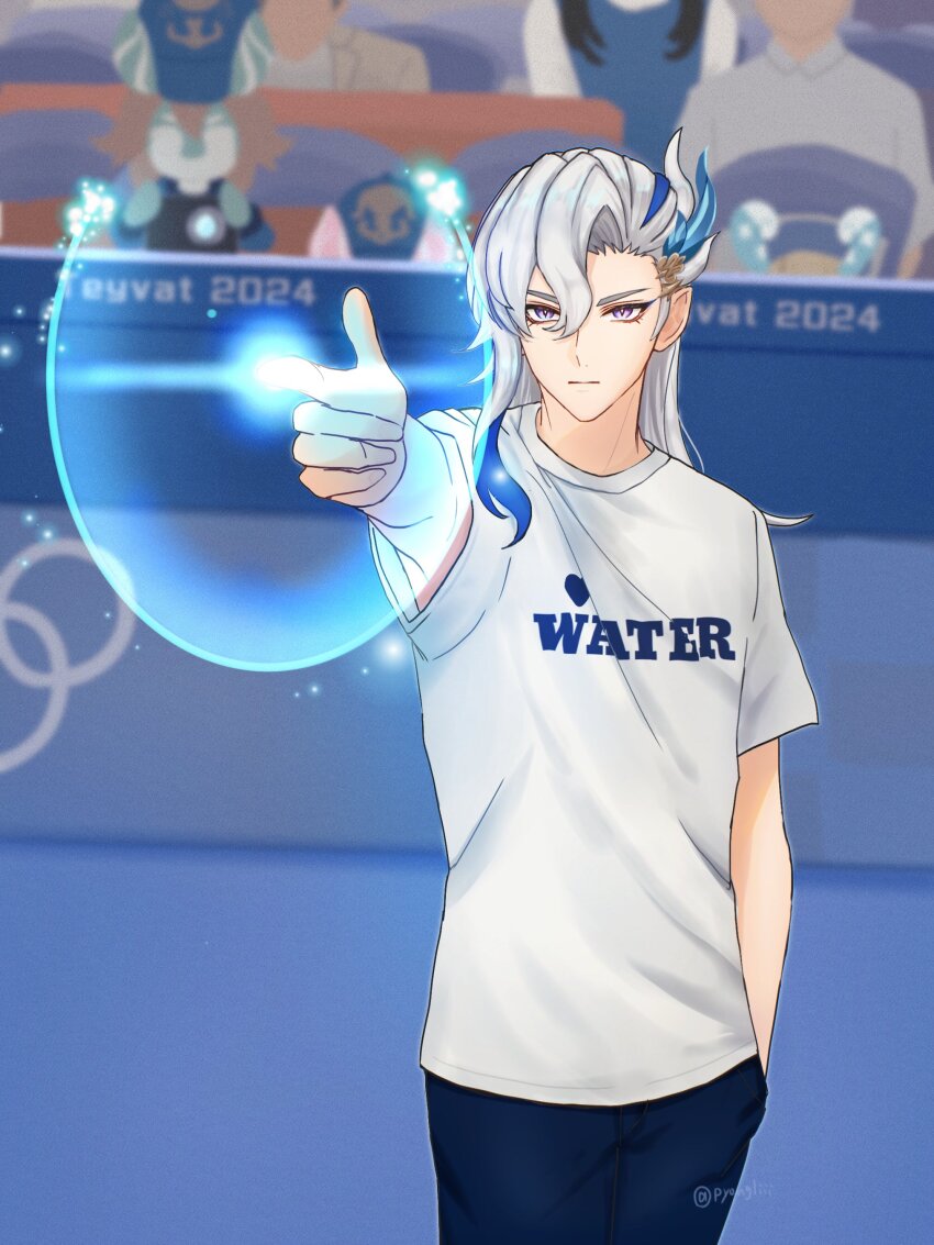 1boy 2024_summer_olympics absurdres closed_mouth cowboy_shot dragon_boy feather_hair_ornament feathers genshin_impact hair_ornament hand_in_pocket highres long_hair looking_ahead male_focus neuvillette_(genshin_impact) olympics outdoors pointy_ears purple_eyes pyongli short_sleeves solo standing white_hair yusuf_dikec yusuf_dikec_(meme)
