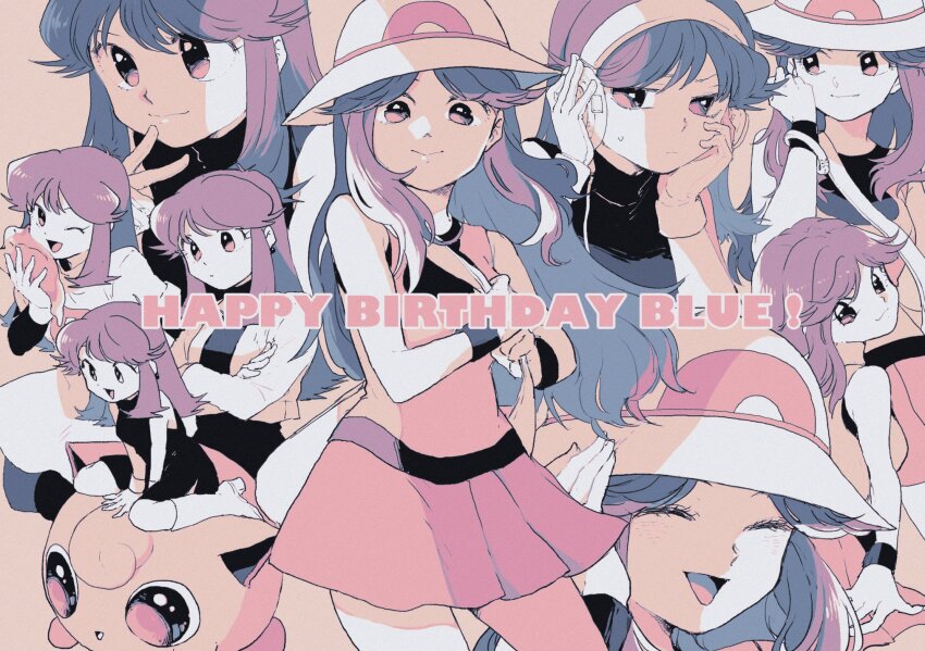 1girl ^_^ black_dress boots brown_hair character_name closed_eyes crossed_arms ditto dress english_text gen_1_pokemon gloves green_(pokemon) happy_birthday hat headphones high_heel_boots high_heels highres holding holding_pokemon jigglypuff limited_palette long_hair looking_at_viewer multiple_views nintendo official_alternate_costume one_eye_closed open_mouth parted_bangs pokemon pokemon_(creature) pokemon_adventures riding riding_pokemon short_dress sleeveless sleeveless_dress smile white_footwear white_gloves white_hat yui_ko