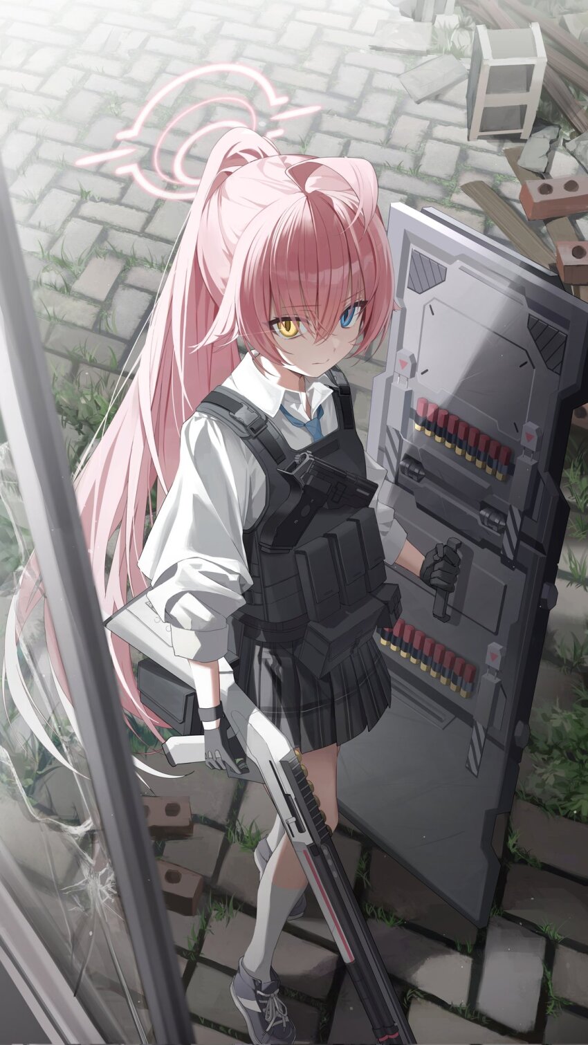 1girl beretta_1301 beretta_92 black_gloves black_skirt blue_archive blue_eyes closed_mouth collared_shirt cross-laced_footwear gloves gun hair_between_eyes halo handgun highres holding holding_gun holding_shield holding_weapon hoshino_(armed)_(blue_archive) hoshino_(blue_archive) kneehighs long_hair long_sleeves looking_at_viewer nagul outdoors pink_hair ponytail shield shirt shoes shotgun skirt socks standing weapon white_shirt white_socks yellow_eyes