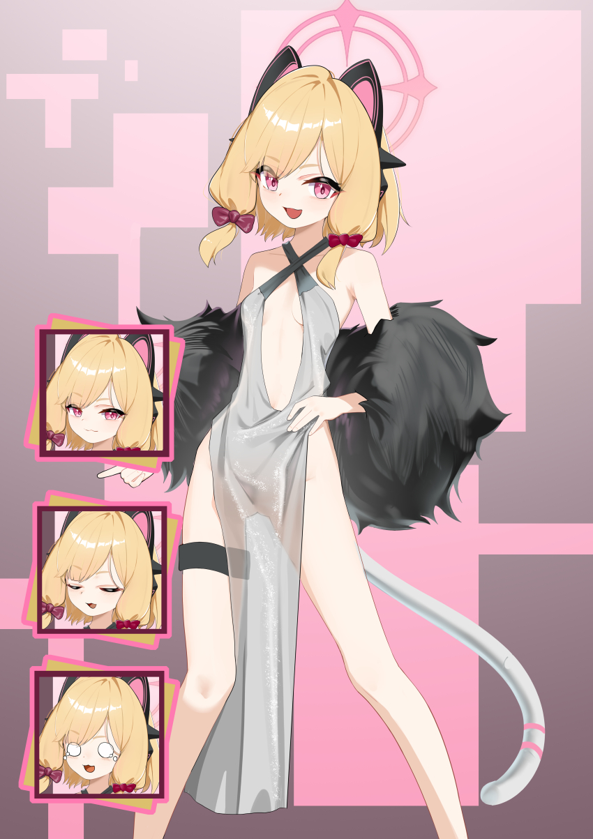1girl absurdres alternate_costume animal_ear_headphones animal_ears bare_shoulders blonde_hair blue_archive bow breasts breasts_apart cat_ear_headphones cat_tail chinese_commentary commentary_request cowboy_shot criss-cross_halter dress evening_gown fake_animal_ears hair_bow halo halter_dress halterneck headphones highres legs_apart loli looking_at_viewer marshal_(artist) mechanical_tail medium_hair momoi_(blue_archive) multiple_expressions no_panties open_mouth pelvic_curtain pink_eyes red_bow silver_dress small_breasts smile standing tail thigh_gap thigh_strap