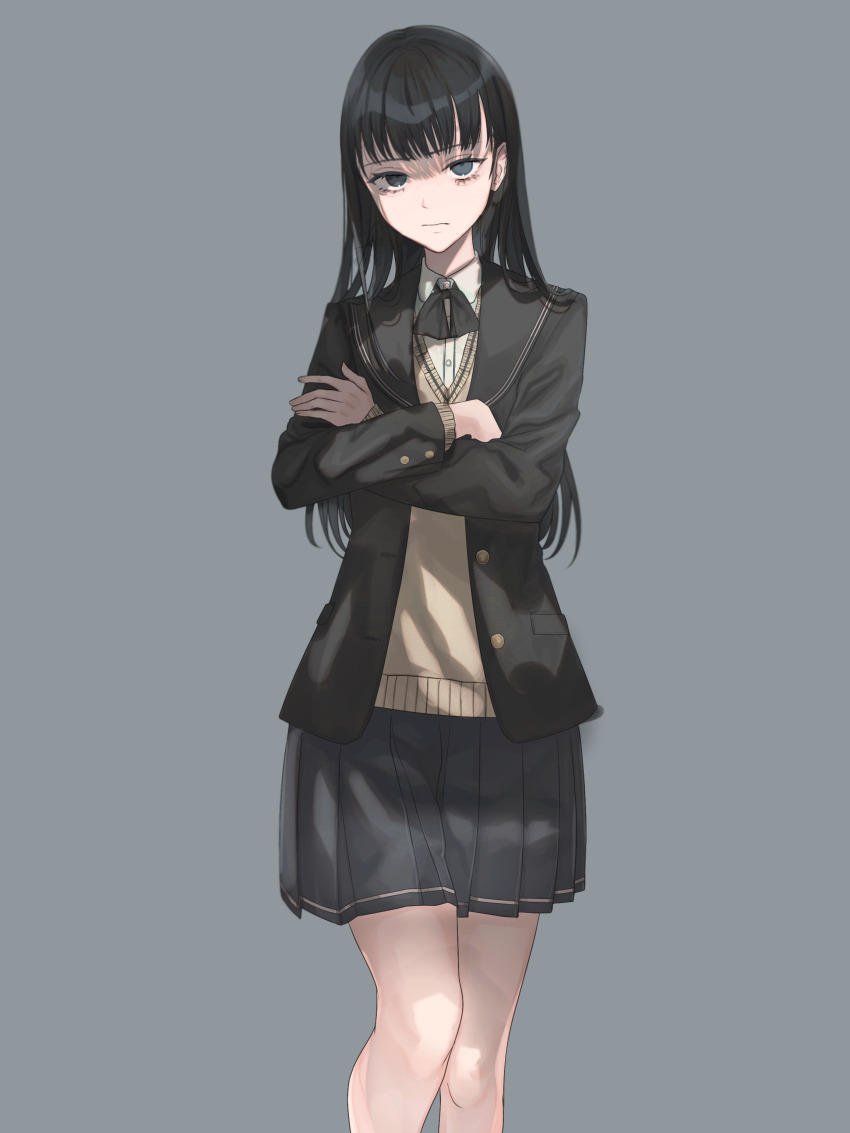 1girl absurdres amagami ayatsuji_tsukasa black_bow black_bowtie black_eyes black_hair black_jacket black_sailor_collar black_skirt blank_eyes blazer blunt_bangs bow bowtie brown_cardigan cardigan closed_mouth crossed_arms grey_background grey_skirt highres jacket kibito_high_school_uniform long_hair long_sleeves looking_at_viewer pleated_skirt sailor_collar sanpaku school_uniform simple_background skirt solo standing straight_hair wagirioni winter_uniform