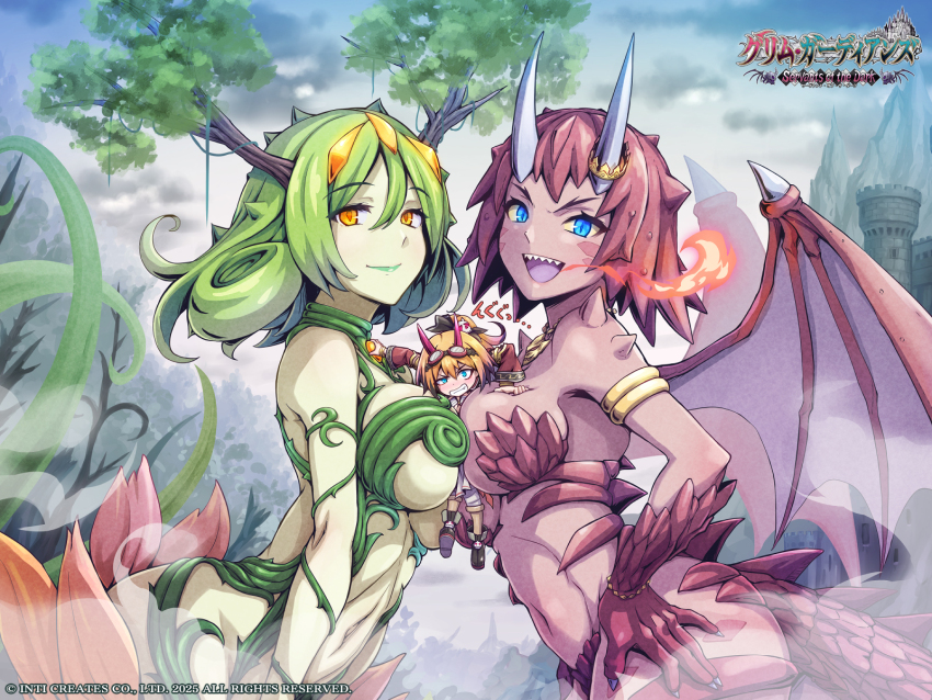 alraune antlers ass bare_shoulders blue_eyes breast_press breasts breath_weapon breathing_fire brown_hair brown_scales brown_tail brown_wings castle colored_skin commentary copyright_name dark-skinned_female dark_skin dragon_girl dragon_horns dragon_tail dragon_wings dranis_(galgun) fire gal_guardians gal_gun_(series) green_lips green_skin grey_hair highres horns large_breasts long_hair masanori_ito medium_hair monster_girl navel official_art open_mouth plant plant_girl queen_gardenas_(galgun) release_celebration revealing_clothes sharp_teeth short_hair symmetrical_docking tail teeth vines wings yellow_eyes zuzu_(galgun)