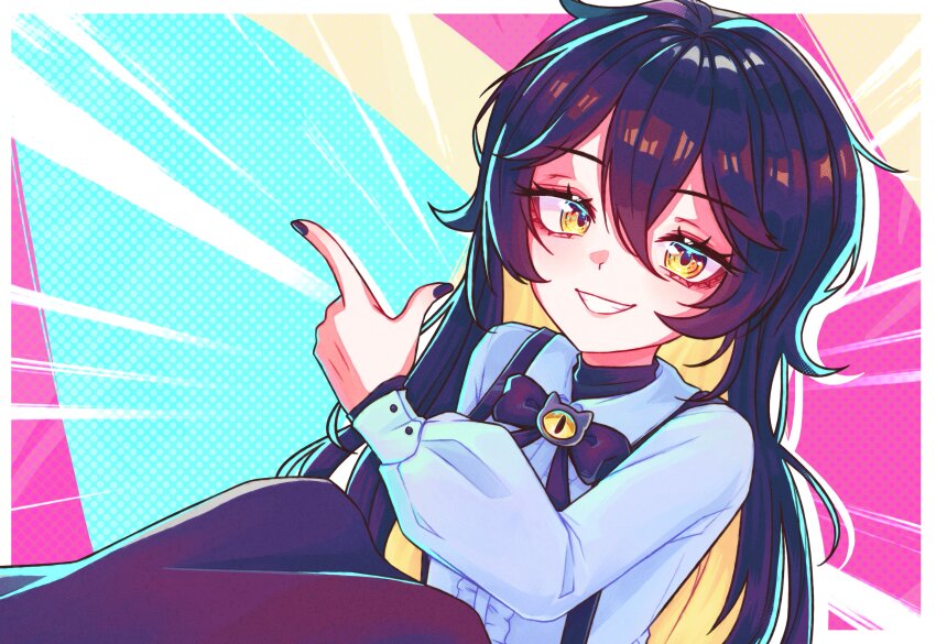 1girl absurdres ahoge black_bow black_bowtie black_hair black_nails black_skirt bow bowtie grimmi_(vtuber) highres horror_(theme) indie_virtual_youtuber long_hair looking_at_viewer messy_hair pale_skin petite ringed_eyes rrosemarin shirt sidelocks sitting skirt sleeve_cuffs smile suspender_skirt suspenders very_long_hair virtual_youtuber yellow_eyes