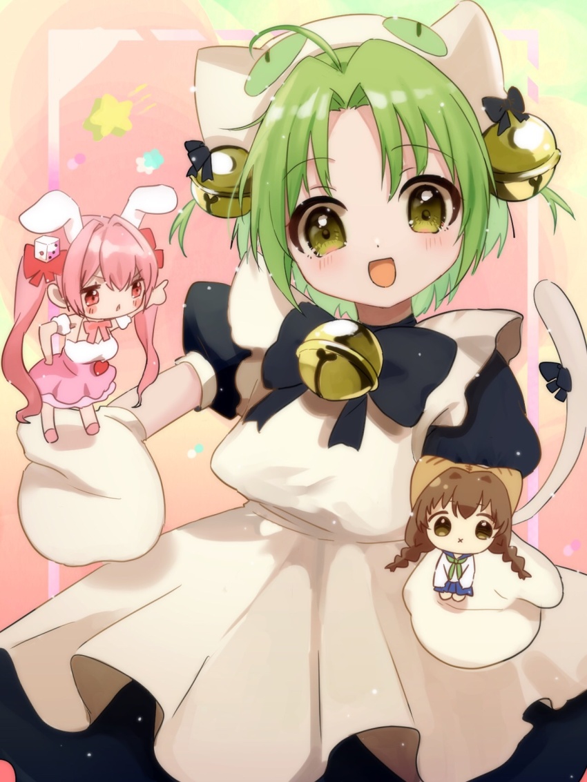 3girls :d ahoge animal_ears animal_hat apron bell black_bow black_bowtie black_dress blue_skirt blush bow bowtie cat_girl cat_hat cat_tail chibi commentary_request cowboy_shot curtained_hair dejiko detached_sleeves di_gi_charat dice_hair_ornament dress green_eyes green_hair green_neckerchief hair_bell hair_bow hair_ornament hat highres huwarinn99 jingle_bell long_hair looking_at_viewer maid_apron mittens multiple_girls neck_bell neckerchief open_mouth parted_bangs pink_dress pink_hair pointing pointing_at_another puchiko puffy_short_sleeves puffy_sleeves rabbit_ears rabbit_girl red_bow school_uniform shirt shooting_star_(symbol) short_hair short_sleeves skirt smile tail tail_bow tail_ornament twintails usada_hikaru very_long_hair white_apron white_hat white_mittens white_shirt x_mouth