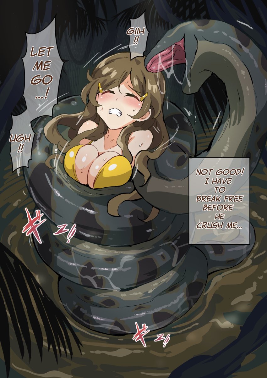1girl anaconda arniro111 bikini blush breasts brown_hair cleavage clenched_teeth closed_eyes crushing hair_ornament hairclip highres jungle large_breasts long_hair nature outdoors ryona shinomiya_himawari snake struggling sweat swimsuit teeth vividred_operation yellow_bikini