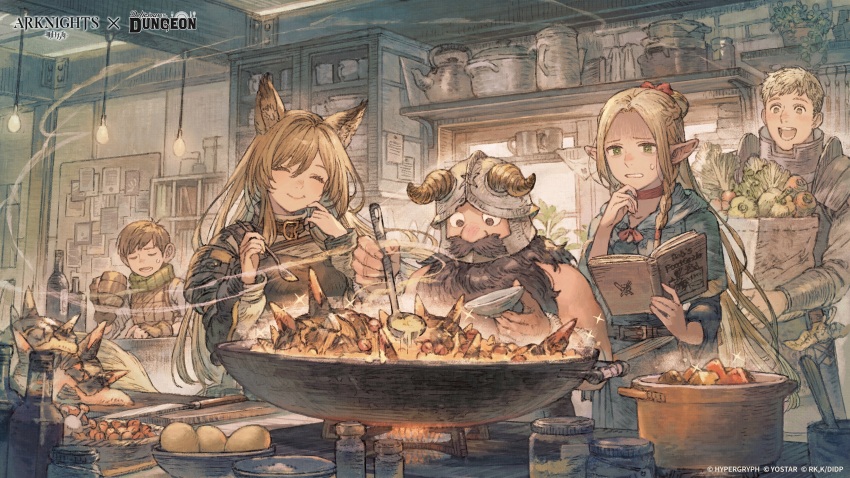 2girls 3boys :d absurdres animal_ears arknights armor bag beard bell_pepper blonde_hair book bottle bowl brown_eyes brown_hair carrot ceobe_(arknights) chilchuck_tims choker closed_eyes commentary cooking cooking_pot copyright_name crossover cup dog_ears dungeon_meshi dwarf egg elf english_commentary facial_hair fake_horns fingerless_gloves gloves green_eyes grocery_bag hanging_light helmet highres holding holding_book holding_bowl holding_cup holding_spoon holding_table horned_helmet horns indoors infection_monitor_(arknights) kettle laios_touden long_hair long_sleeves maeka_(kumaekake) marcille_donato multiple_boys multiple_girls official_art open_book open_mouth originium_slug_(arknights) pointy_ears red_choker second-party_source senshi_(dungeon_meshi) shopping_bag smile spoon sweatdrop wok wooden_cup