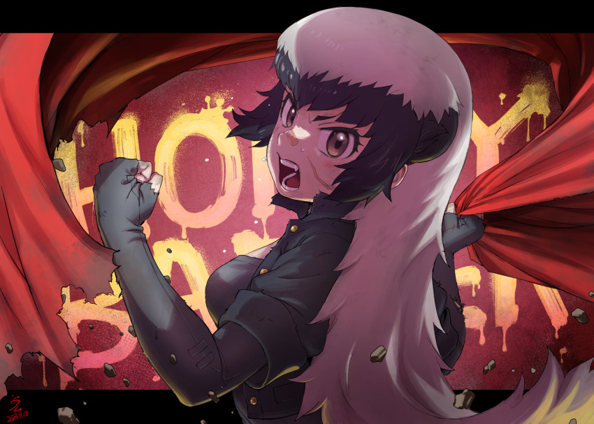 1girl bandaid bandaid_on_face bandaid_on_nose black_hair black_shirt black_undershirt brown_eyes buttons character_name clenched_hand dated dirty dirty_face elbow_gloves facial_scar fang fingerless_gloves from_side gloves grey_hair hands_up highres holding ito_yoki kemono_friends kemono_friends_3 letterboxed light_blush long_hair looking_at_viewer multicolored_hair open_clothes open_mouth open_shirt outside_border ratel_(kemono_friends) scar scar_on_cheek scar_on_face shirt shirt_under_shirt short_sleeves solo sweat two-tone_hair unbuttoned undershirt upper_body v-shaped_eyebrows very_long_hair