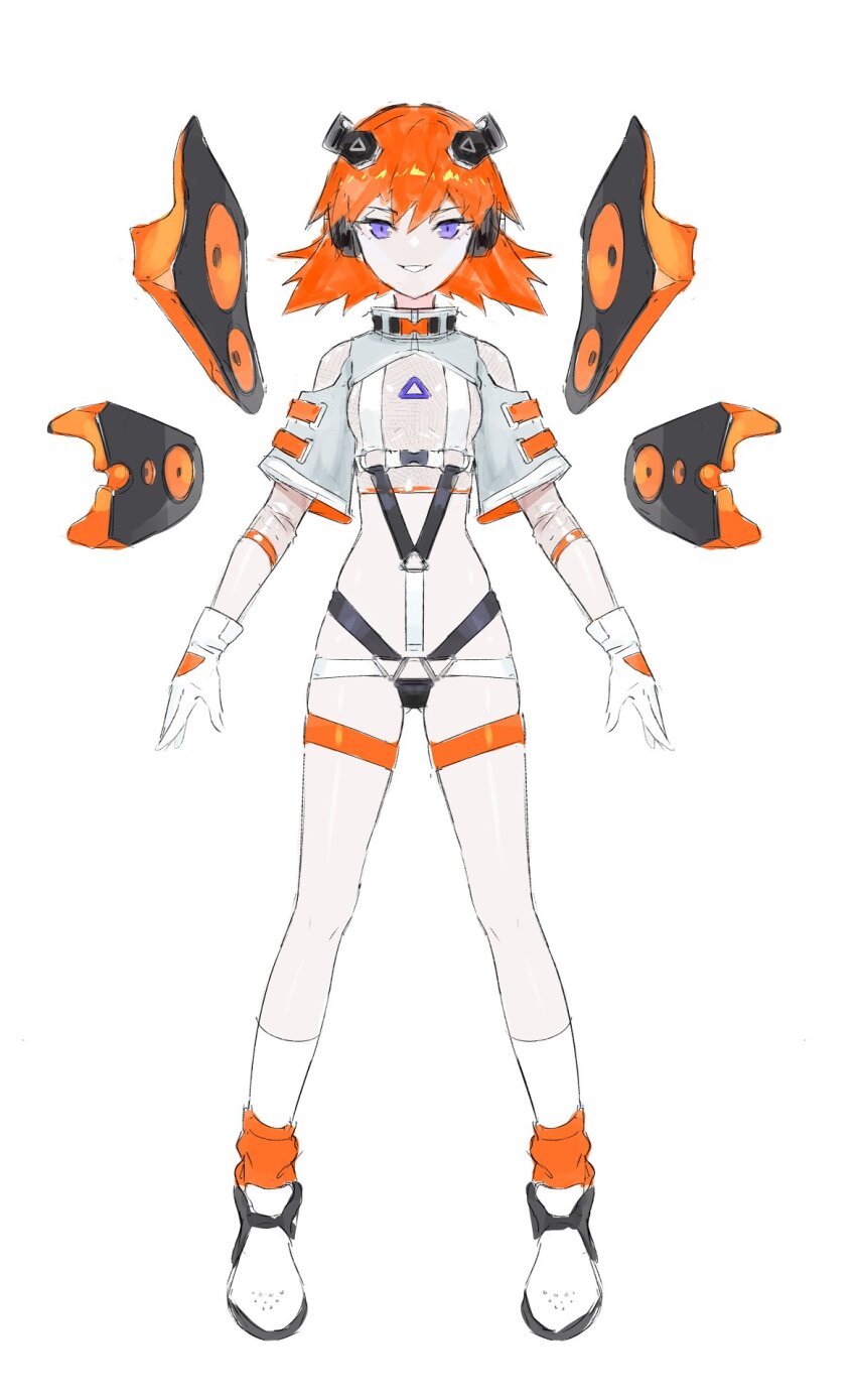 1girl ankle_socks arms_at_sides belt black_belt black_panties black_wings breasts buckle chest_harness clothing_cutout collared_shrug commentary crop_top cropped_shirt detached_wings double-parted_bangs english_commentary fishnet_top fishnets floating floating_object full_body furrowed_brow gloves gluteal_fold grey_shrug grin hair_between_eyes half-closed_eyes harness headphones high_tops highleg highleg_panties highres invisible_floor kneehighs legs_apart long_eyelashes long_sleeves looking_at_viewer loose_socks lowleg mechanical_wings medium_hair multi-strapped_panties narrowed_eyes o-ring o-ring_bottom o-ring_harness o-ring_panties open_hands orange_belt orange_hair orange_shrug orange_socks orange_trim orange_wings original panties purple_eyes see-through_clothes see-through_shirt see-through_sleeves shirt shoes short_sleeves shoulder_cutout shrug_(clothing) sideboob sidelocks simple_background skindentation sleeve_belt small_breasts smile smirk snap-fit_buckle sneakers socks socks_over_kneehighs solo speaker spiked_hair standing straight-on tachi-e teeth thick_eyelashes thigh_strap thighs thong tight_clothes tight_shirt tight_top triangle_print tsurime turtleneck two-sided_fabric two-tone_wings underboob underbust underwear v-shaped_eyebrows vertigris white_background white_belt white_gloves white_shoes white_shrug white_socks wide_sleeves wings